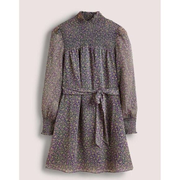 Boden Womens Smocked Yoke Dress UK 12 US 8 Multi Floral Puff Sleeve D0401 NWT - Picture 2 of 14